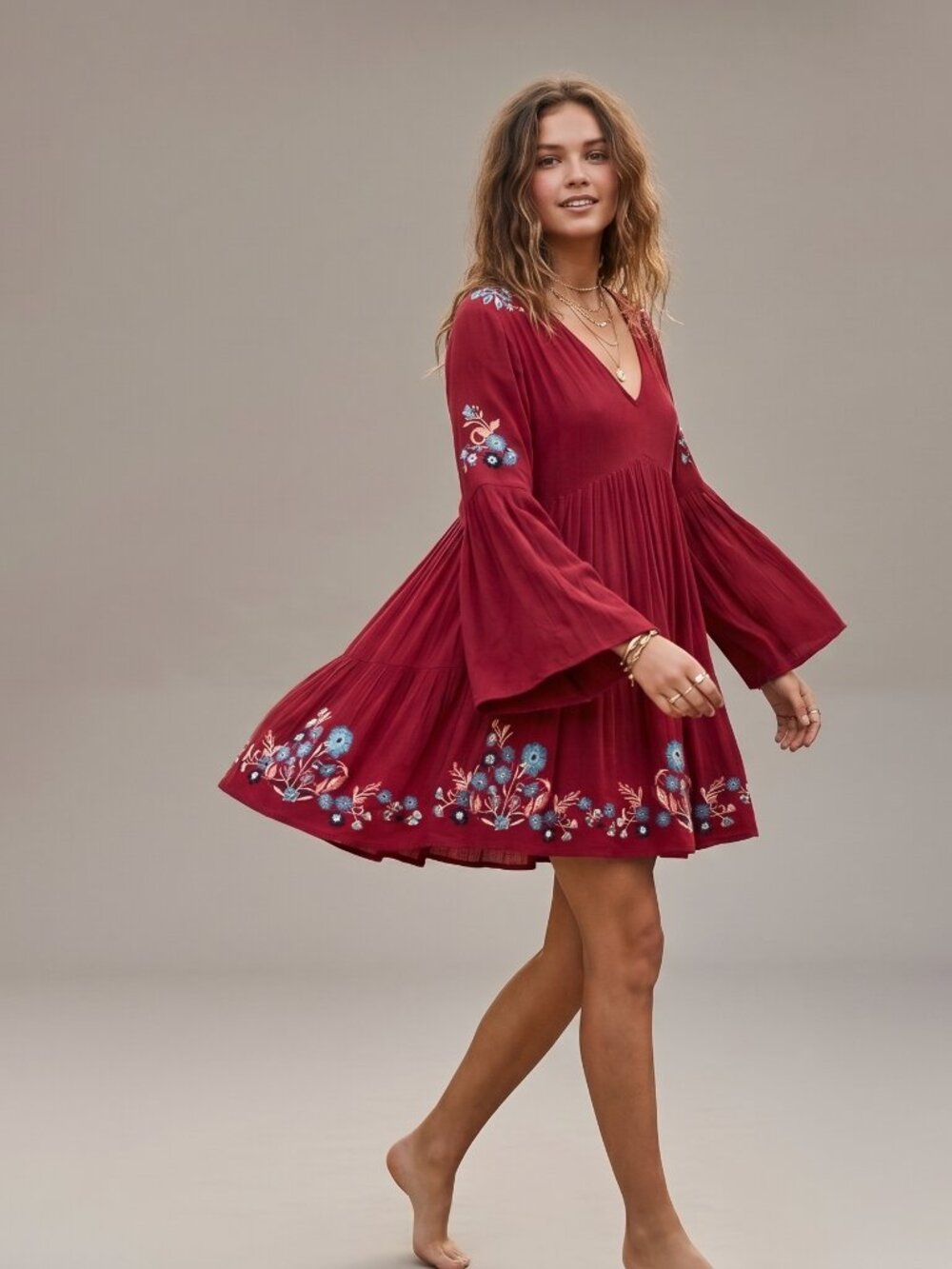Free People Te Amo Embroidered Bell Sleeve Mini Dress Red Boho Babydoll Sz M